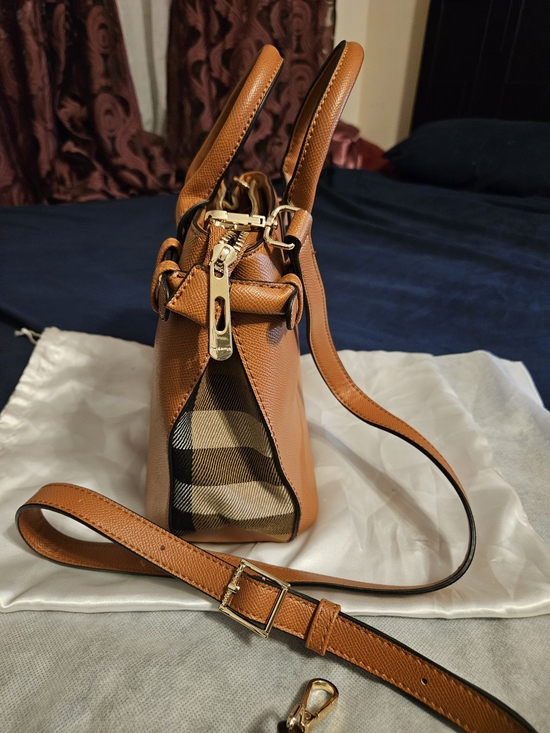 Burberry Handbags - Burberry Tan Leather Crossbody Bag with Signature Check Side